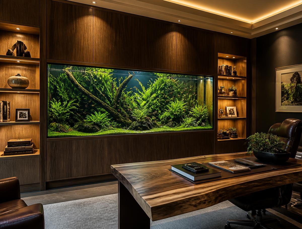 Planted freshwater aquascape built into a luxury home office wall