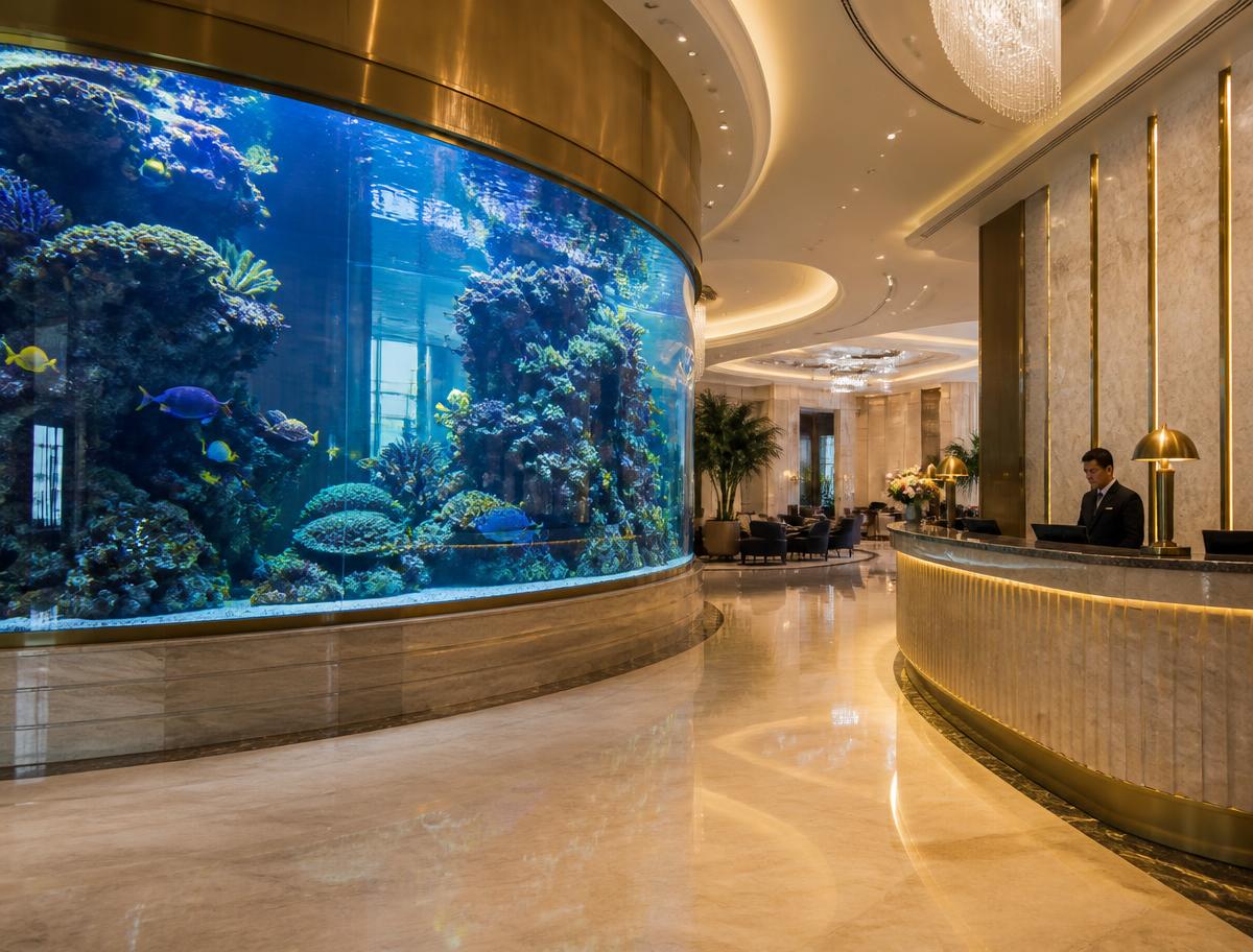 Large curved commercial aquarium in a luxury hotel lobby
