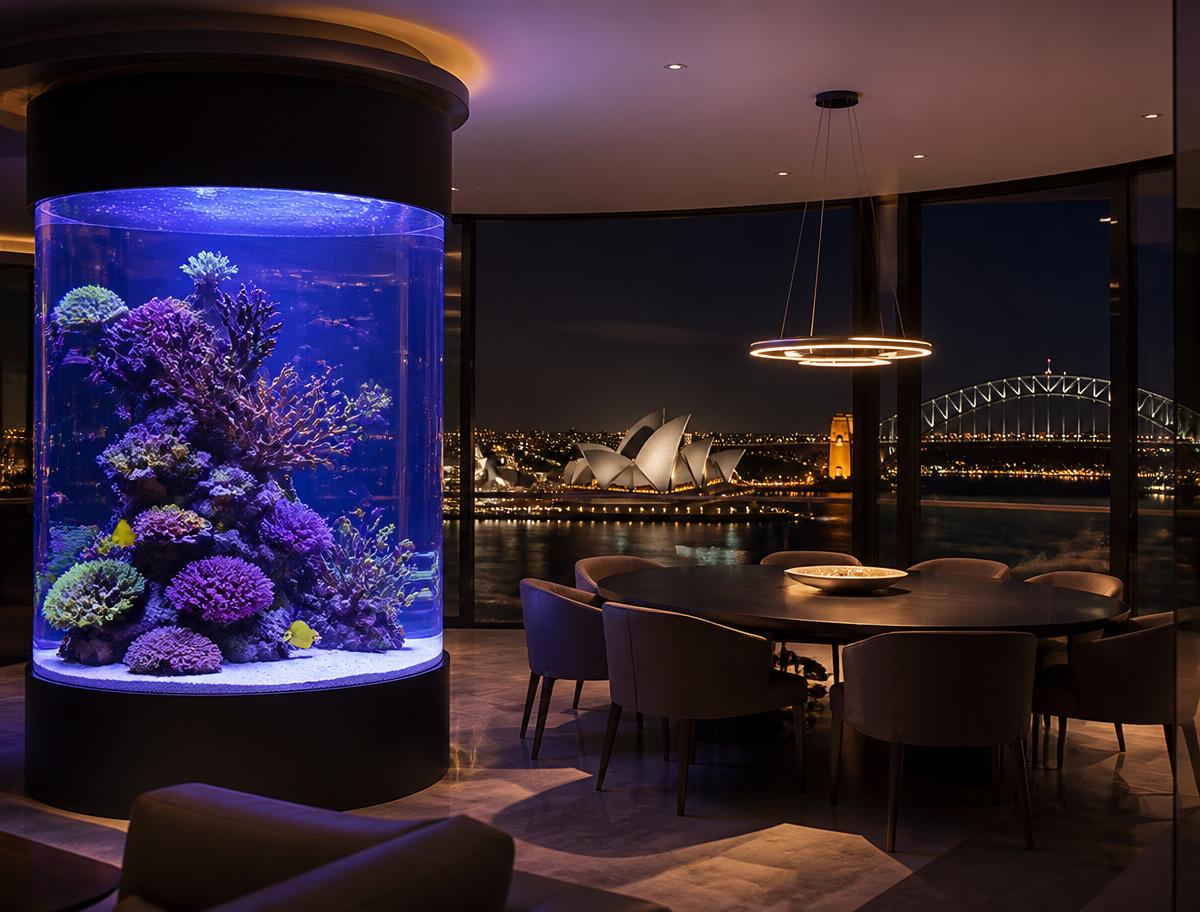 Cylindrical reef aquarium in a Sydney penthouse dining room